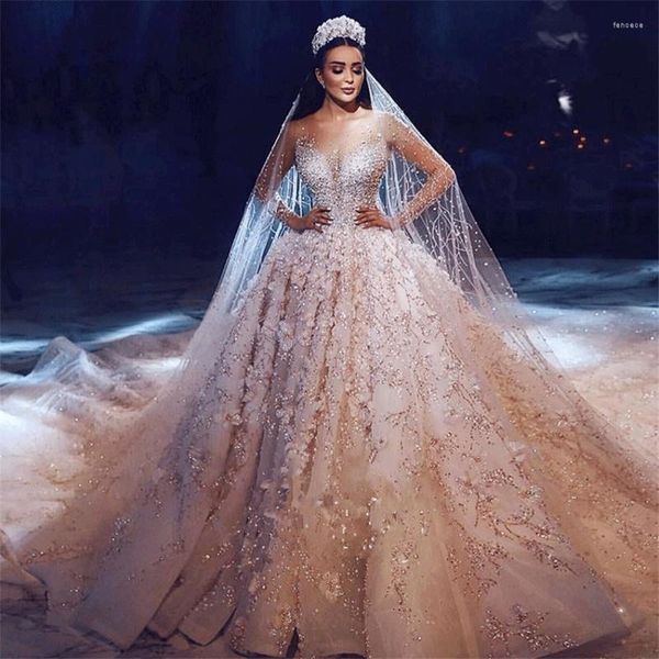 Robe de mariée luxueuse robes de mariée 2023 robe de bal à manches longues Tulle cristal perlé paillettes femmes robes de mariée formelles sur mesure