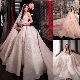 Robe de mariée de luxe 3D dentelle à manches longues robes de mariée robe Casamento plis perles balayage train robes de mariée