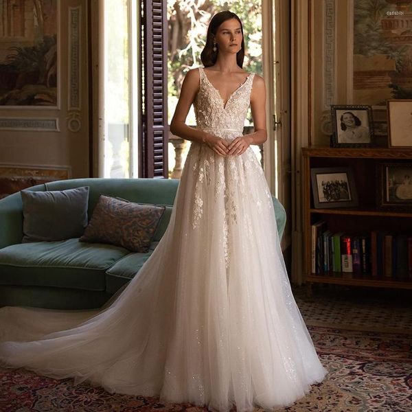 Robe De mariée luxe col en v profond robes De dentelle a-ligne paillettes Tulle bohème robe De mariée 2023 blanc Vestidos De Novia