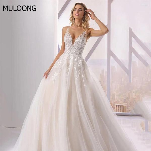 Vestido de novia MULOONG blanco elegante escote corazón tirantes finos apliques espalda descubierta encaje hasta el suelo barrido tren 2023
