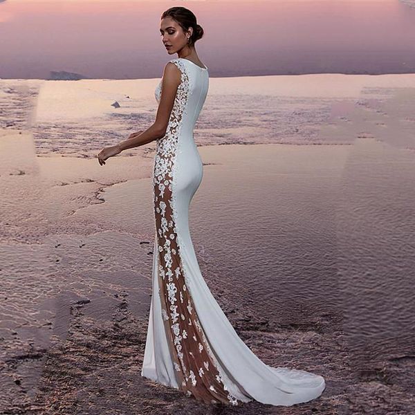 Vestido de novia Otros vestidos Sirena de playa Recorte lateral transparente Satén elástico Escote barco con apliques de encaje con cuentas Elegante novia Go