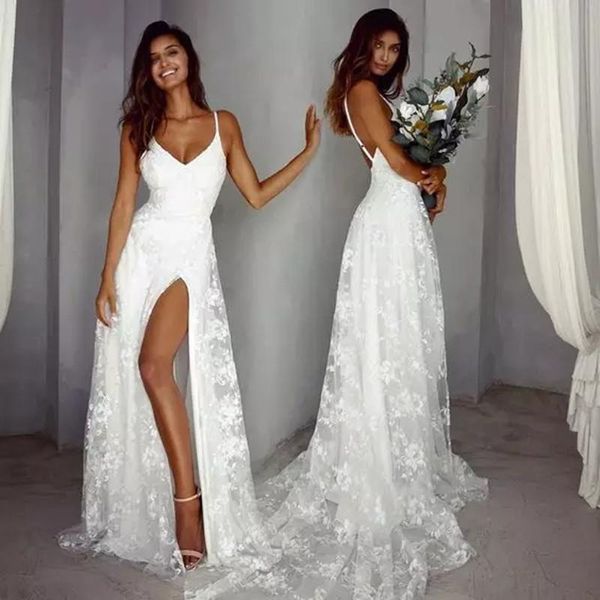 Robe de mariée Autres robes Plage Col en V Côté Split Boho Dentelle A-ligne Bretelles Spaghetti Robe De Mariée Robe De Mariée Sexy Robes De MariéeAutre