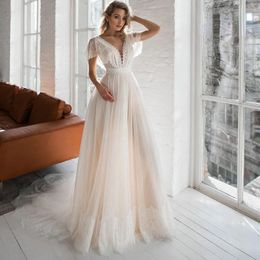 Robe De Mariée Autres Robes Pour Femmes 2023 Dentelle Appliques Col En V Cap Manches Dos Nu Tulle Balayage Train Plage Robes De Mariée Vestidos De