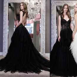 Robe De Mariée Autres Robes Sexy Noir Gothique Robes De Mariée Plus La Taille Une Ligne Dentelle Appliqued Creux Dos Nu Robe De Noiva