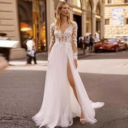 Trouwjurk andere jurken wit sexy kant backless boho 2023 hoge split zachte tule lange mouwen zomer strandjurken bruid