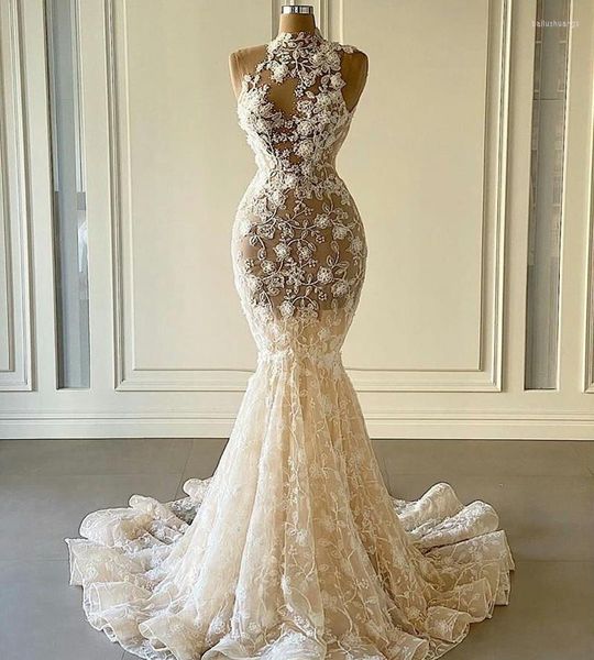 Robe De mariée Sexy Illusion Sirène Robes 3D Fleurs Appliques Perles Voir À Travers La Mariée Pour Les Femmes De Luxe Robe De Novia