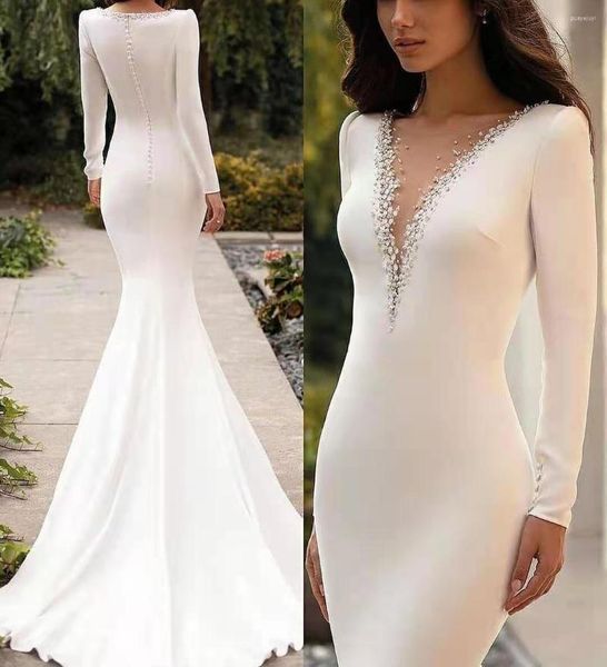 Vestido de novia Sexy cuello en V satén sirena manga larga vestidos de encaje hasta el suelo plisado tren de barrido Maxi vestidos de novia para mujer