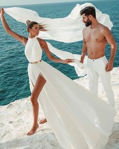 Robe de mariée simple plage sexy dos nu une ligne ivoire blanc mousseline de soie licou cou robe de soirée de mariée vestidos de novia robe de mari￩e 2022