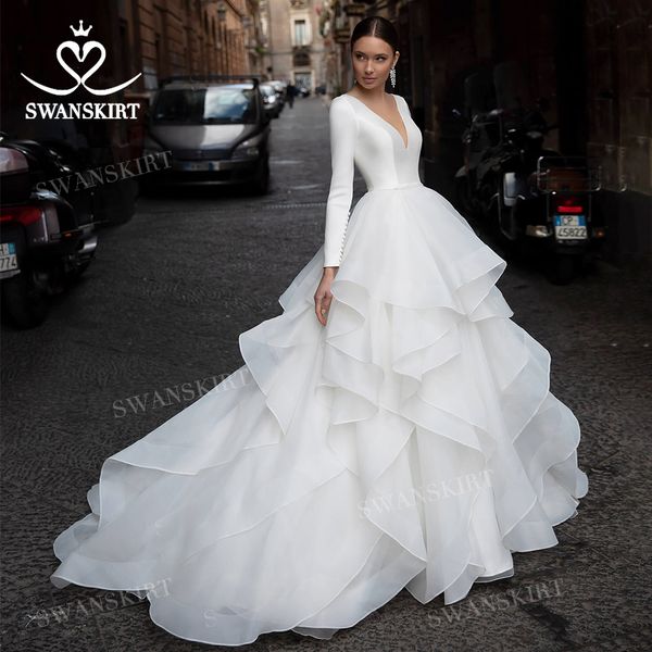 Robe de mariée Simple à manches longues en Satin robe de bal froncé Tulle mariée 2020 princesse Swanskirt N361 personnalisé Vestido de novia