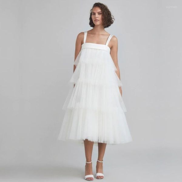 Robe De mariée À Bretelles Boho 2023 Tulle Robe De Mariée Couches Court Simple Balayage Plage Robe De Noiva