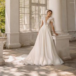 Vestido de novia UETEEY, vestidos de tul de encaje brillantes transparentes con escote en V profundo, vestidos de manga corta con lazo y espalda abierta, Vestido femenino 2022