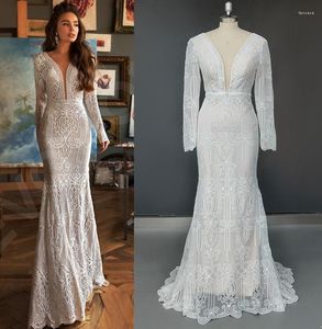 Robe de mariée col en V Sexy à manches longues sirène balayage Train dentelle élégante bohème Boho dos ouvert robe de mariée