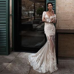 Robe De mariée Robe De Noiva Princesa Sirène Illusion Retour Sexy Hochzeitskleid À Manches Longues Fait À La Main Fleurs Robe Mariee