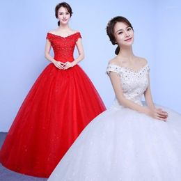 Vestido de novia XXN-049 # Vestido de baile con hombros descubiertos Lentejuelas rojas y blancas Vestidos de novia con cordones Venta al por mayor Ropa para mujer embarazada