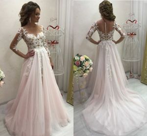 Robes de mariée 2021 A-ligne Blush rose avec manches longues dentelle Appliques balayage Train pure vestidos de novia robes de mariée mariées