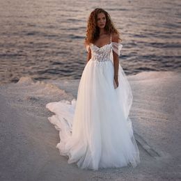Robes de mariée robes de mariée plage Spaghetti Strap de l'épaule Appliques de dentelle de la robe de mariée Robe de marie