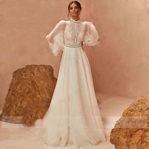 Trouwjurken Boho Vestidos De Boda 2023 Lange Pofmouwen A-lijn Bruid Jurken Hoge Hals Kant Applicaties Bruids Tule