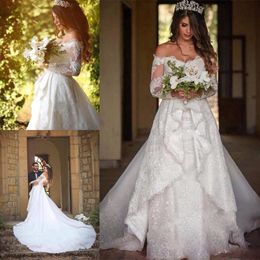 Vestidos de novia Vestidos de novia Manga larga con hombros descubiertos Apliques de encaje Vestidos de novia Corte tren robe de mari￩e