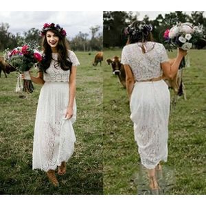 Robes de mariée robe dentelle en dentelle Bridal à deux pièces à manches courtes courte de la cheville de bijou de la cheville sur mesure