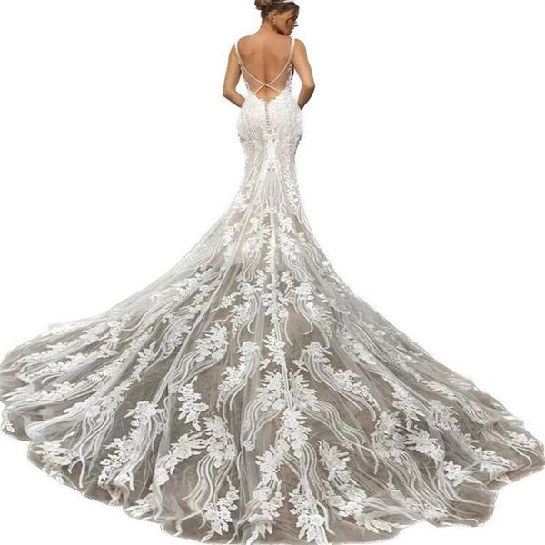 Robes De mariée sirène 2023 col en V profond sans manches avec dos ouvert se marier sur mesure grandes tailles robes De Novia GB1202x6233G