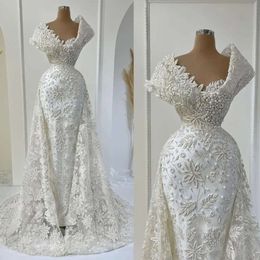 Robes de mariée sirène mariée magnifique robe en dentelle applique perles overskirt sweep train personnalisé plage personnalisé plage plus taille vestido de novia