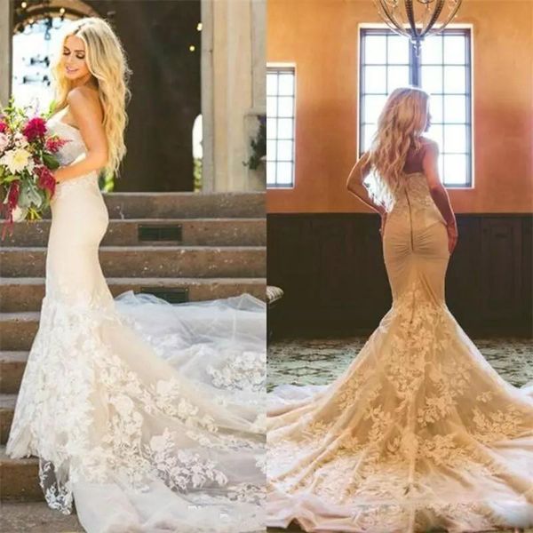 Robes de mariée sirène robes de mariée dentelle Appliques sans bretelles chérie sans manches grande taille bretelles spaghetti sur mesure sur mesure