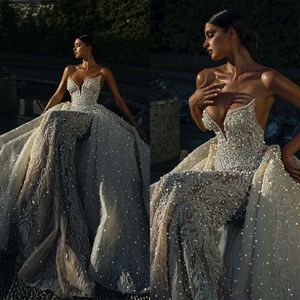 Trouwjurken Parels Strapless bruidsjurken met afneembare trein Appliques Mouwloze op maat gemaakte bruid Dress Vestidos de novia