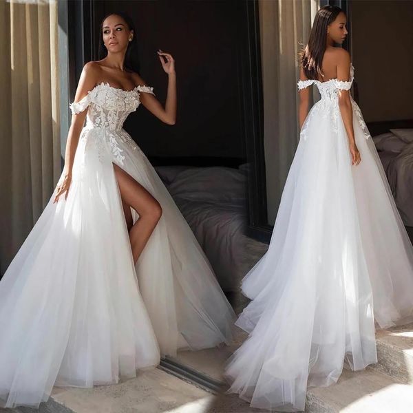 Vestidos de novia Vestidos de novia blancos Una línea Cremallera Nuevo Tamaño personalizado con cordones Marfil Cariño Fuera del hombro Apliques Tul Con cuentas Aberturas hasta el muslo