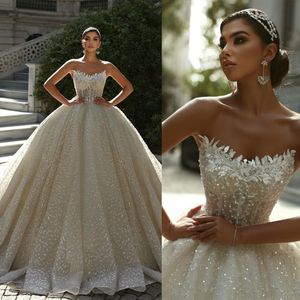 Bruiloft elegante strapless jurken baljurk mouwloze lovertjes kant applicaties vestido de noiva op maat gemaakte bruidsjurk