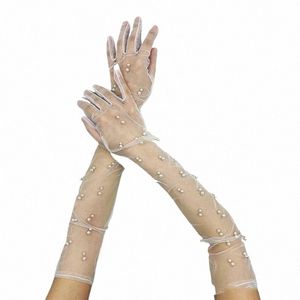 Mariage Extra LG Lace Pearl Gloff Glove Tulle Summer Mesh Anti-uv Fingerl Femmes Elegance Mariage Bride Party Elbow Glove E5VA #