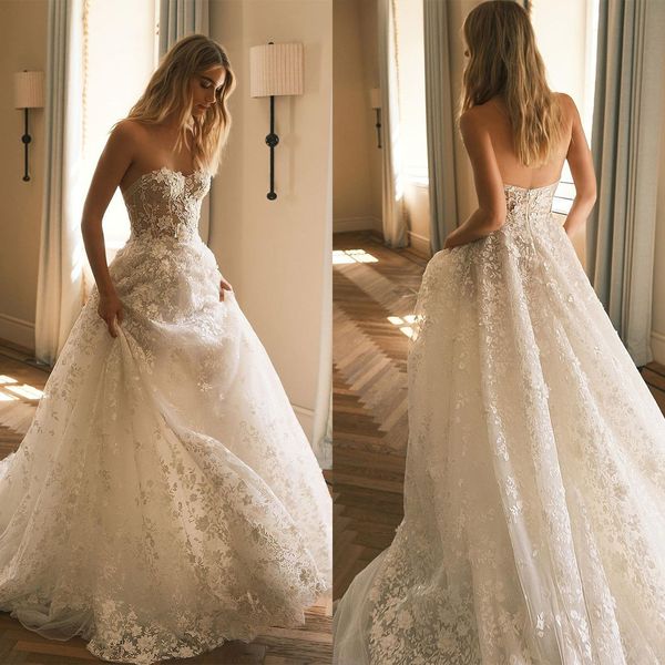 Vestidos de novia de encaje con apliques sin tirantes de lujo de boda vestidos de novia de cola de barrido sin espalda de princesa hechos a medida