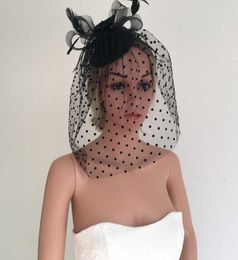 Wedding Fascinator Hat for Bride Bridesmaid Black Mesh Floral Veil with Dots Ostrich Feather Fascinator Jeweled Headband Pearls 5614439
