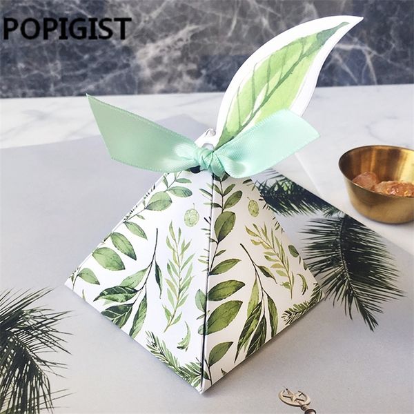 Faveurs de mariage Bomboniera boîte de cadeau d'anniversaire forêt verte Style pyramide triangulaire fleur feuilles bonbons boîtes feuilles étiquettes ruban 220811