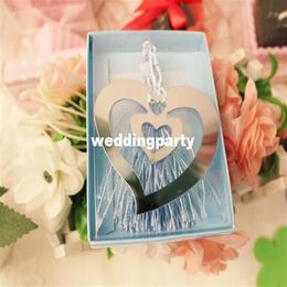 Bruiloft gunsten geschenken zilver roestvrij staal afnemende dubbele uitsparing hart bladwijzer met witte kwastje214U