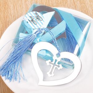 Regalos de recuerdo de boda marcapáginas de corazón cruzado de acero inoxidable con borla azul suministros para fiestas y eventos de Baby Shower