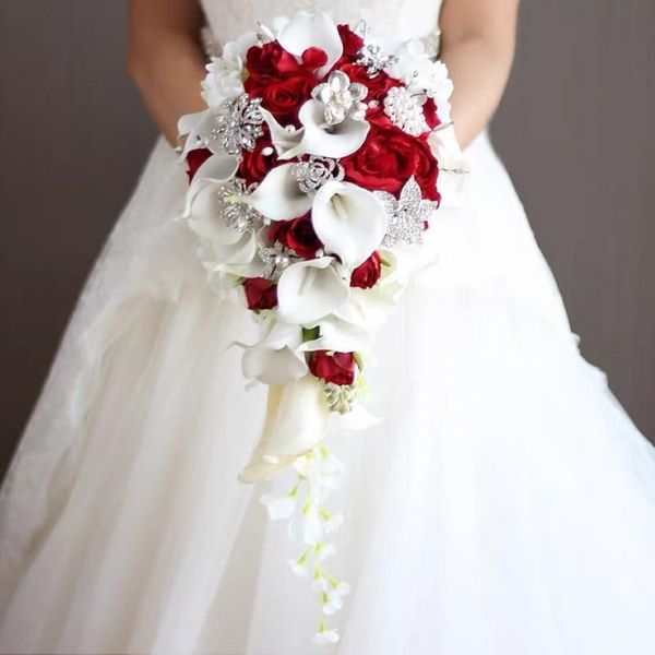 Fleurs De Mariage 2021 Cascade Rouge Bouquets De Mariée Perles Artificielles Cristal Bouquet De Mariage Rose254w