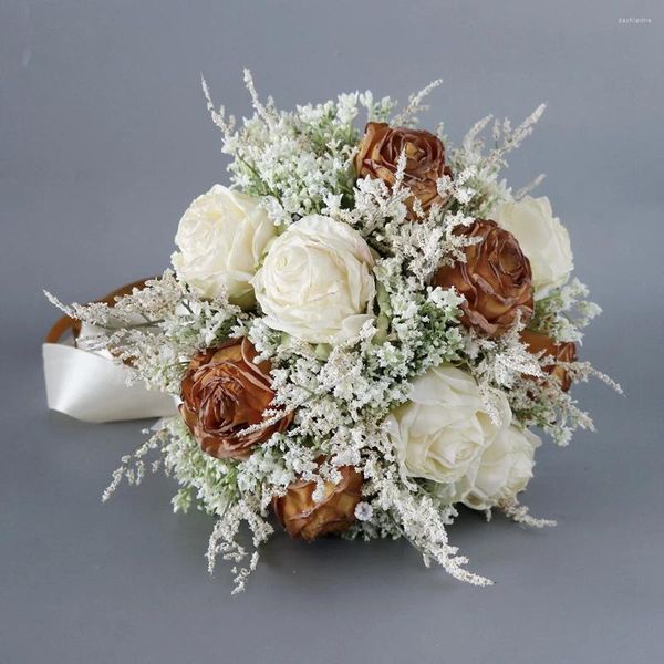 Fleurs de mariage 2023 Roses Caramel Bouquets de mariée Bouquet artificiel demoiselles d'honneur ivoire Vintage Flores