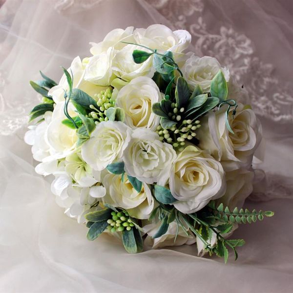 Flores de boda Colección 2023 Rosas de color marfil Hortensia blanca Redondo 10 pulgadas Ramo De Mariage