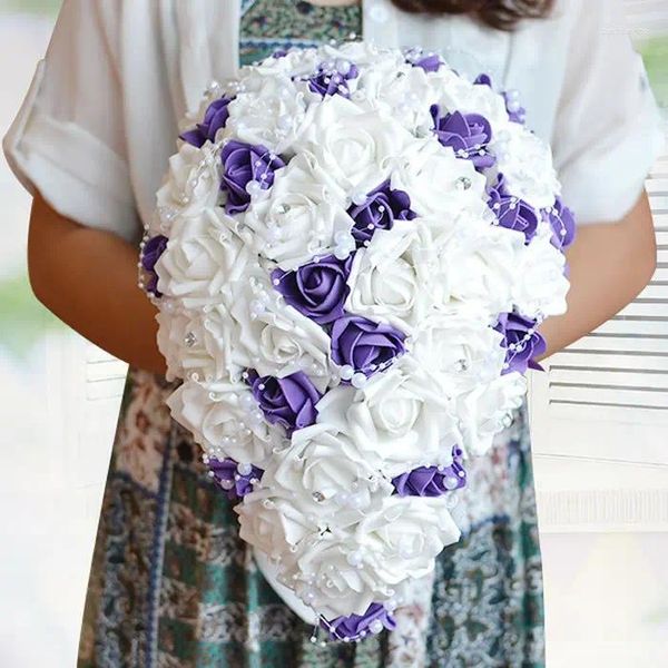Fleurs de mariage 2023 Bouquet de perles de cristal blanc violet demoiselle d'honneur mariée broche de mariée Buque De Noiva