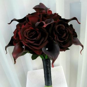 Wedding Flowers 2023 Whitney Black Scene Dark Red Roses Scarlet Calla Lilies Ramos de Novia Artificial Bouquet Mariage