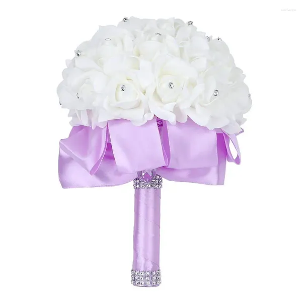 Fleurs de mariage 2024 MAINMADE BEALTIFU LILAC BRIDAL BRIDESMAID FLOWER BOUQUET Artificiel Rose Ribbon Crystal Bouquets de Noiva