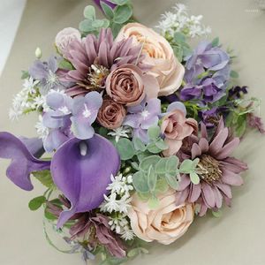 Fleurs de mariage 28x26 cm Bouquet de mariée maison florale violet Calla Champagne Rose Simulation fleur Bundle portable 607