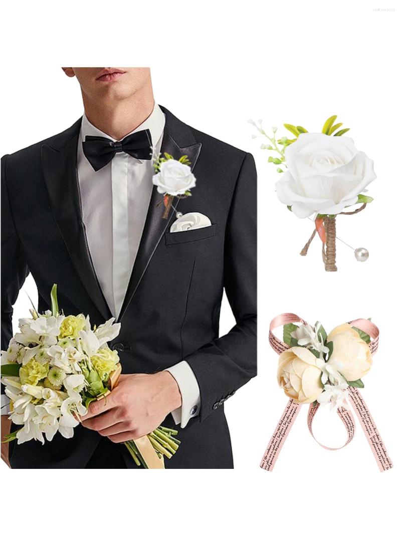 Bröllopsblommor 2st White Rose Boutonniere Groom Artificial Roses Groomsman och Bridesmaid Corsage Button Holes Suit Decoration Party AN