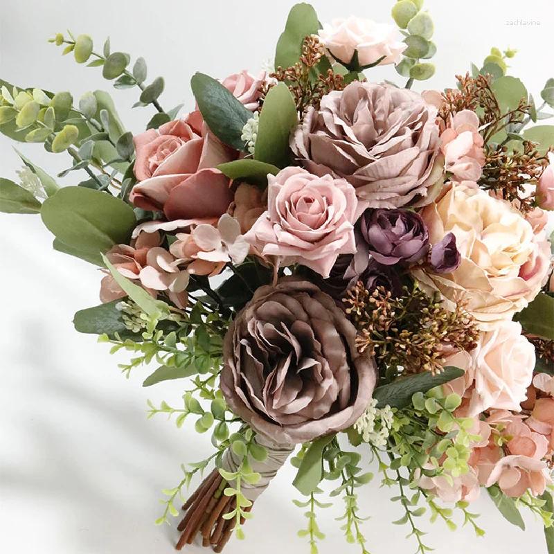 Fiori nuziali 40X42 cm Bouquet da sposa Home Floral Business Event Fascio di fiori di simulazione rosa viola palmare 599