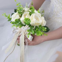 Wedding Flowers 6pc 9,45 inch gesimuleerd zijde Wit met groene bladeren POERBOEKET Decoratie vasthouden
