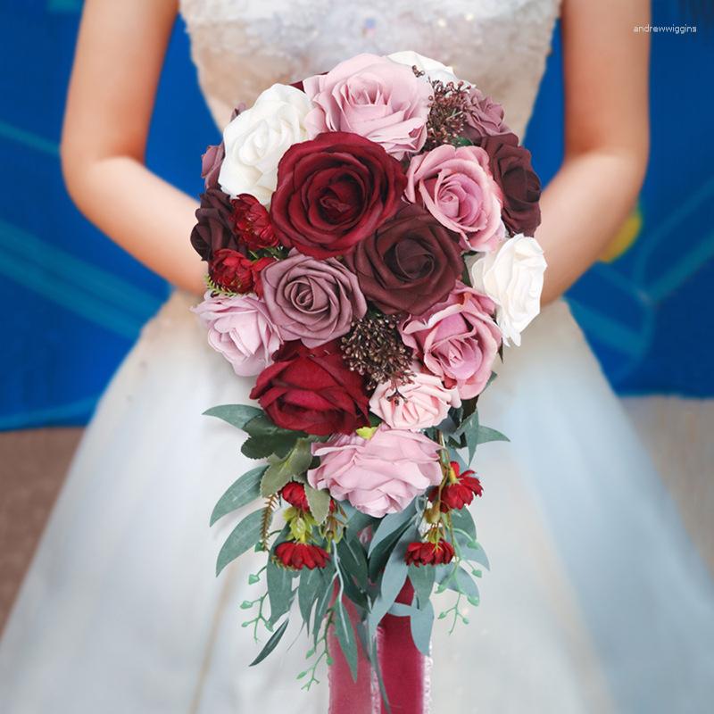 Hochzeitsblumen Ankunft 4 Farb Wasserfallstil Rose Bouquet Simulation Cascading Red Purple Blue Buque de noiva para casamento