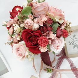 Flores de boda Ramos de rosa de seda rosa artificial para la novia Decoración falsa de la novela con la iglesia de la cinta Decoración del hogar