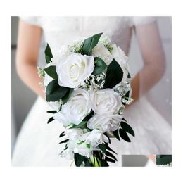 Fleurs De Mariage Rose Artificielle Bouquet De Mariée Cristaux Accessoires De Fleurs Demoiselle D'honneur Main Tenant Broche Drop Delivery Party Events Dhgsc