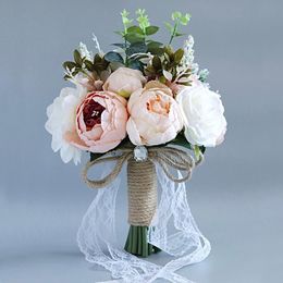 Flores de boda, ramo de rosas artificiales para novia, dama de honor, fiesta en casa, cinta de encaje hecha a mano, cuerda de lino, lazo, lanzamiento de niña
