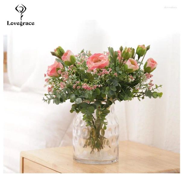 Fleurs de mariage Fleurs artificielles Silk Peony Gypsophile Bundle pour vase verte eucylaptus flres table maison DIY décor faux